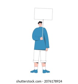 Young man holding a banner. Male person with blank, placard. Vector character line art illustration isolated on white background.
