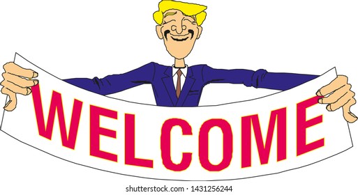 Young man holding a banner with the word welcome. Vector illustration