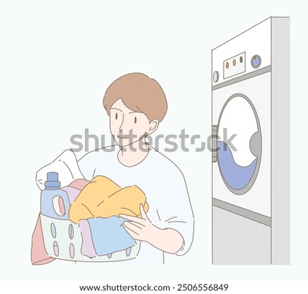 Young man holding basket with clothes and laundry detergent, standing near washing machine, doing laundry. Self-service laundromat. Hand drawn flat cartoon character vector illustration.