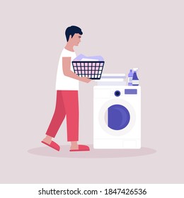 Young man holding a basket of dirty laundry. Wash concept. Colorful flat vector illustration