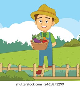 Young Man holding basket with fresh vegetable