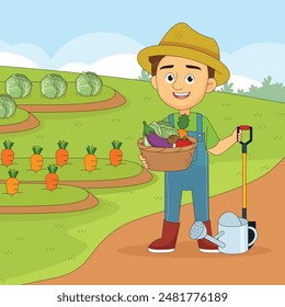 Young Man holding basket with fresh vegetable