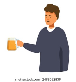 Joven está sosteniendo una taza de cerveza y haciendo un brindis