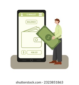 Young man holding big banknote, checking balance and paying bills. Mobile online banking. E-wallet on smartphone concept. Vector flat illustration in green colors