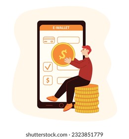 Young man holding big coin, sitting near mobile phone. Mobile banking, wireless transactions. Bills and earning on big screen, e-wallet on smartphone. Vector flat illustration