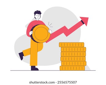 Young man holding big coin, benefit of saving and investment. Character design. Vector flat illustration