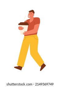 Young man holding a big cup of coffee. Happy male walk. Coffee to go concept with character. Vector illustration.