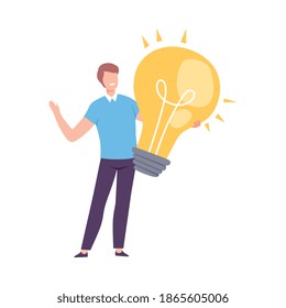 Young Man Holding Big Glass Light Bulb Vector Illustration