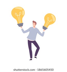 Young Man Holding Big Glass Light Bulb Vector Illustration