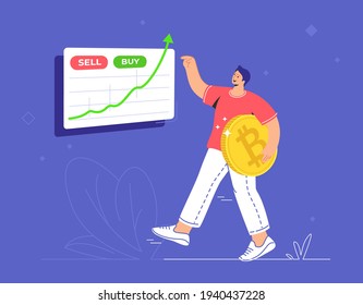 Joven sosteniendo una gran moneda de oro y señalando a una flecha verde creciendo. Concepto moderno plano ilustrativo vectorial de las personas que compran y venden criptomonedas y criptometrajes en el mercado