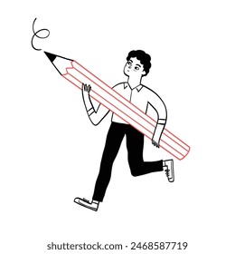 Young man holding a big pencil. Hand drawn doodle vector illustration.