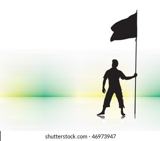 A young man holding a black flag with space of your text,  vector illustration, No mesh in this Vector