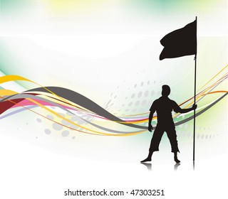 A young man holding a black flag with space of your text,  vector illustration, No mesh in this Vector