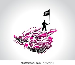A young man holding a black flag with space of your text,  vector illustration