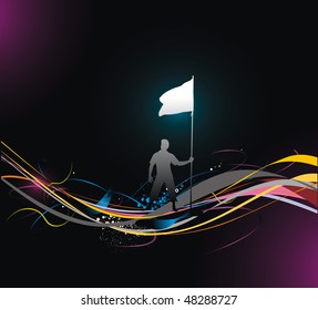 A young man holding a black flag with space of your text, vector illustration, No mesh in this Vector