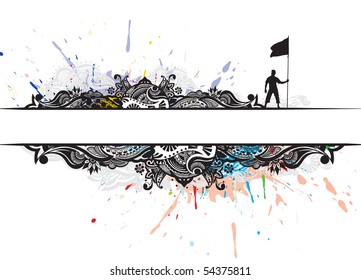A young man holding a black flag with space of your text banner, vector illustration