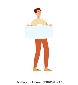 Young man holding blank banner in protest demonstration. Angry sad male cartoon character with poster in hand. Millenial protester flat vector illustration isolated on white background.