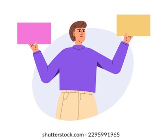 Young man holding blank billboard or empty banner for copyspace advertising and announcement messages. Vector illustration concept