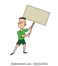 Young man holding blank protest sign. Vector illustration, isolated on white background.