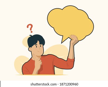 Joven sosteniendo una burbuja de habla en blanco con el concepto de duda para pancartas, afiches, sitios web, etc.