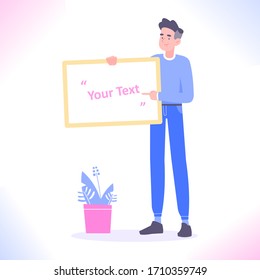 Joven sosteniendo un signo blanco o una pancarta en blanco y apuntando hacia él, ilustración vectorial