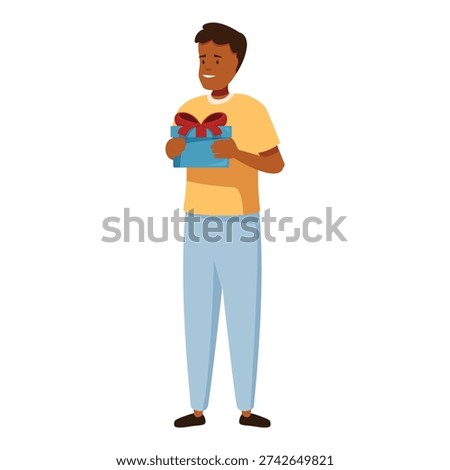 Young man holding a blue gift box with a red bow, celebrating a special occasion