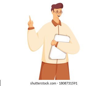 Young Man Holding Book or File with Index Finger Point in Standing Pose.