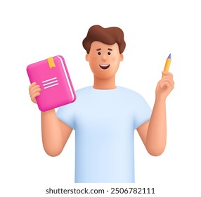 Hombre joven que sostiene el libro y el lápiz. Educación, conocimiento, concepto de estudio. Personaje de personas de Vector 3D. Estilo minimalista de dibujos animados.