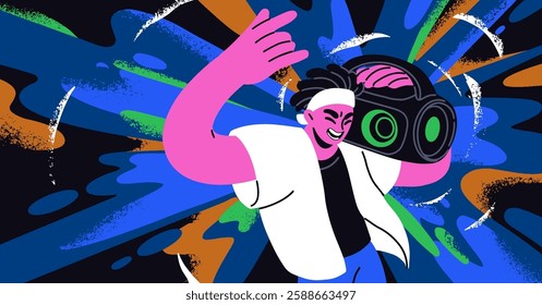 Young man holding boombox on shoulder, dancing and listening to loud music beats. Happy person at night disco party. Dynamic discotheque energy, energetic nightlife vibe. Flat vector illustration