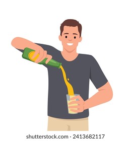 Joven sosteniendo una cerveza de botella. verter cerveza en vidrio. Ilustración vectorial plana aislada en fondo blanco