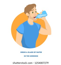 Young man holding a bottle of fresh cold water and drink. Male character with healthy lifestyle and water balance. Vector illustration in cartoon style