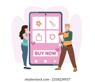 Young man holding bouquet of flowers and looking at happy lady, standing near mobile phone. Process of buying flowers via Internet. Special offers and discounts. Vector flat illustration