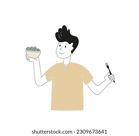 A young man is holding a bowl of salad with the addition of micro greens.  Healthy vegan food. Vector set llustration in doodle style isolated on white background.