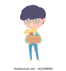 young man holding box with clothes charity and donation vector illustration