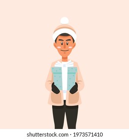 A young man holding a box of present. Flat vector illustration for celebrating anniversary, birthday, party, or Christmas holidays. 