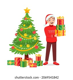 joven sosteniendo una caja presente en navidad