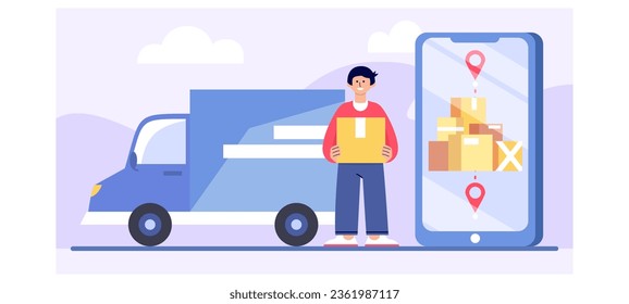 Joven sujetando una caja, parado cerca del teléfono móvil con ubicación y camión. Concepto de parcelas de entrega al destino. Conmovedor concepto. Ilustración vectorial en colores azul y amarillo