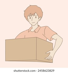 Young man holding boxes in hands, moving to house or new apartment, changing office. Delivery courier man with package parcel box. Hand drawn flat cartoon character vector illustration.