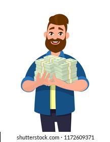 Young Man Holding  Bundles Of Cash, Money Or Currency Notes In Hands. Successful Business And Finance Concept Illustration In Cartoon Style.