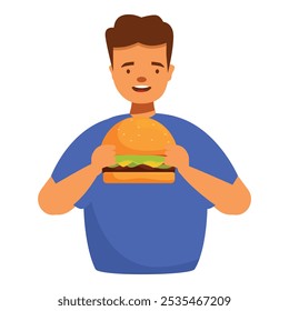 Young man is holding a burger with both hands, excited to eat his lunch