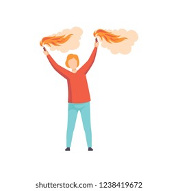 Young man holding burning flare with smoke over his head, celebrating holiday vector Illustration on a white background
