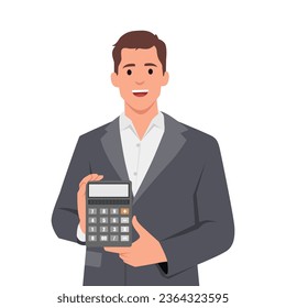 Young man holding a calculator in the hands. Flat vector illustration isolated on white background