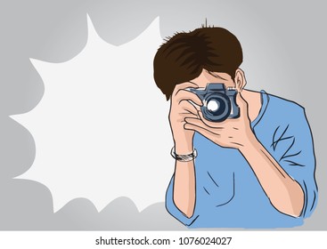 Young man holding camera was how. Vector