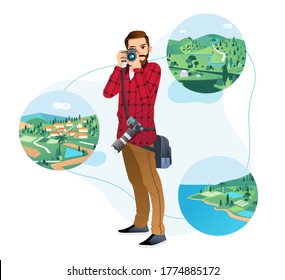 young man holding camera and taking picture in nature landscape with white background vector illustration. used for poster, landing page image, info graphic and other