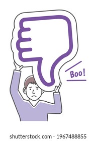 Young man holding cardboard plate ( thumb down ) illustration.