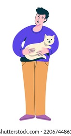 Young man holding cat. Happy pet owner and cute domestic animal. Vector illustration