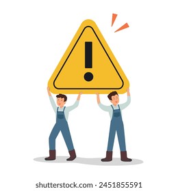 Young man holding caution warning signs. Important announcement, attention or warning information, breaking news or urgent message communication.