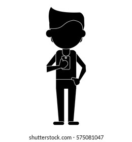 young man holding cellphone mobile pictogram