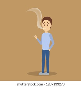 Young man holding cigarette and smoking. Tobacco additction and bad habit. Flat vector illustration