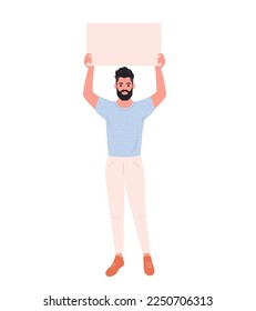 Young man holding clean empty banner or placard. Activism, social movement. Democracy, rally and protest. Vector illustration in flat style